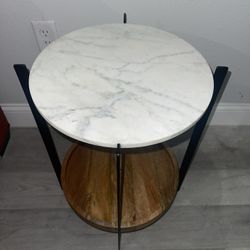 Coaster Round Accent Table with White Marble & Wood (PAIR)