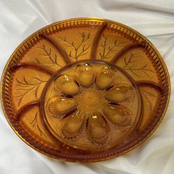 Indiana Glass Amber Deviled Eggs Vegetable Tray Dish 13" Vintage W Box