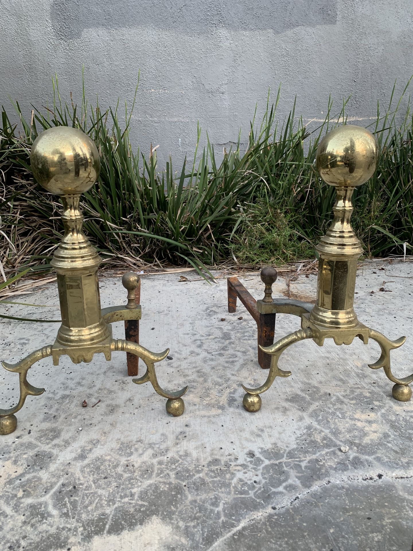 🔥 Pair of Antique Brass Andirons with Ball Tops and Scroll Legs
