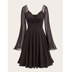 ROMWE Black Mesh Bell Sleeve Fit & Flare Dress S Ruching Accents Sheer