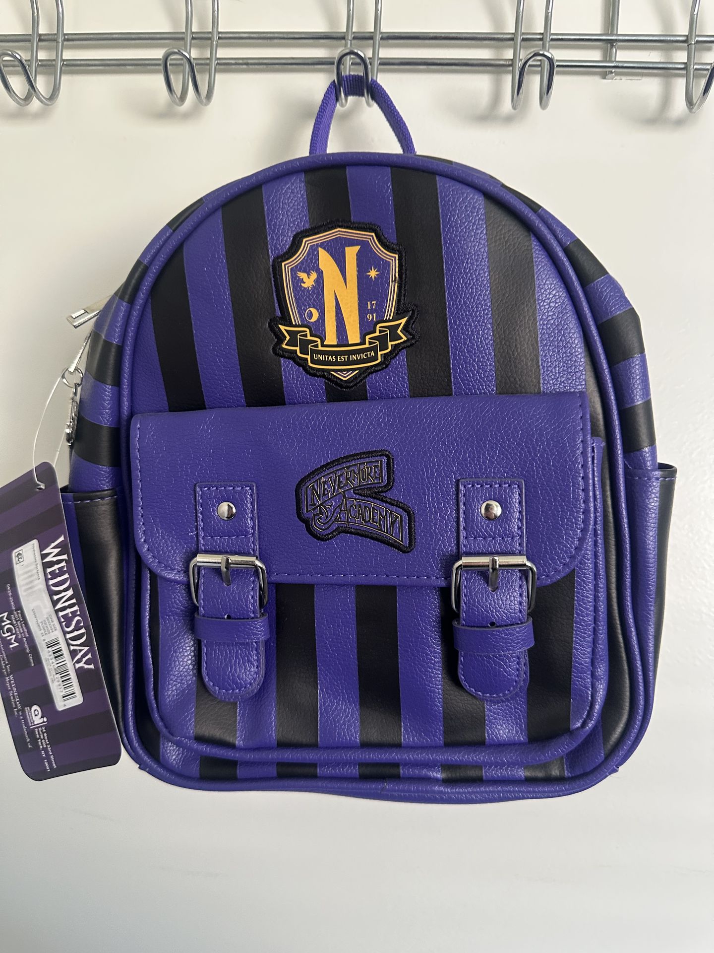 Wednesday Addams Nevermore Academy Women's Striped Mini Backpack, Purple/Black