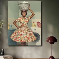 Vintage Style 1950's Woman With Laundry Basket Framed Wall Art