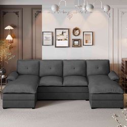New Modern 110" Modular Sofas for Living Room Cloud Sofa U Shaped Sofa with Double Chaise 4 Seater Sofa Sets with Thick Cushion and Soft Backrest,   N