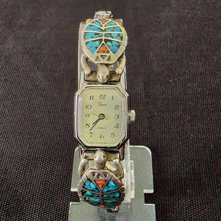 VTG Timex Sterling Silver Turtle Tips Chip Inlay Coral & Turquoise Watch Native?