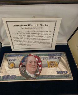 AMERICAN HISTORICAL SOCIETY 2001 $100 BILL 4 TROY oz SILVER BAR .999 FINE