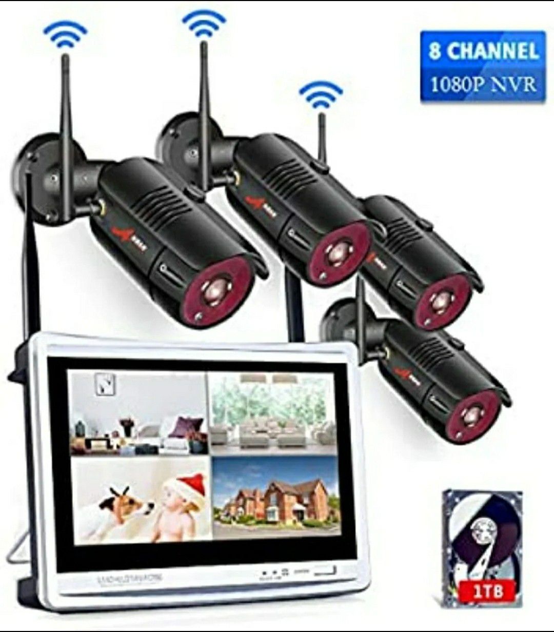 Home Security Camera System Wireless Jennov 1080P 4pcs WiFi Video Surveillance Camera System Outdoor w/ White 12" Monitor