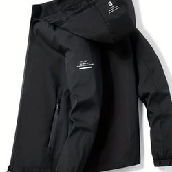 Men's Soft-Shell Hooded Jacket, Casual Windproof & Waterproof Zip Up Detachable Hood Comfy Jacket For Outdoor