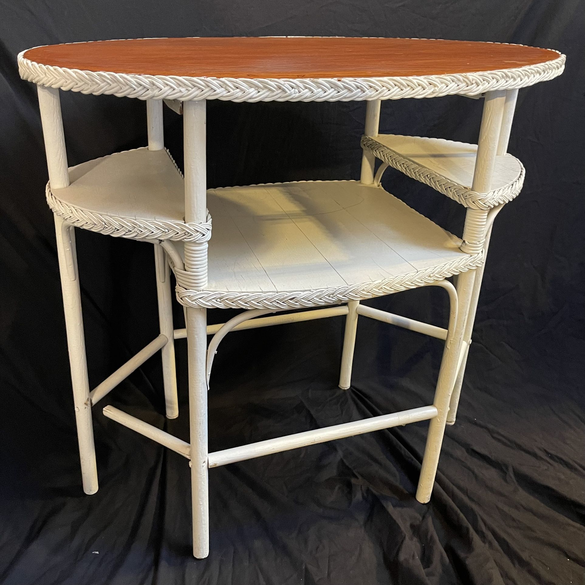 Antique Oval White Wicker Oak Top Table