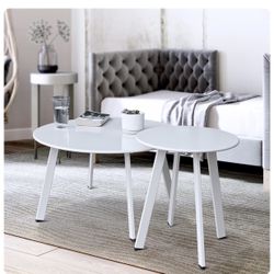 Patio Outdoor Coffee Table Set of 2 - Weather Resistant Outdoor Round End Table Modern Coffee Tables for Living Room Balcony Home Office (White) White