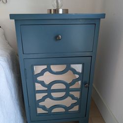 Dark Turquoise Mirrored Side Table Night Stand W/ Cabinet & Drawer 