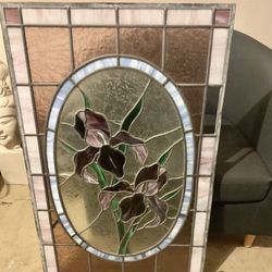 Large Window Stain Glass, Pretty Design See Little Crack In Picture And Missing One Small Piece Right Side