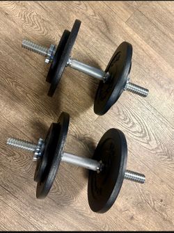 Set Of Cast Iron Standard (1.2 Inch) Dumbbells With 4 Weight Plates Of 10,  And 4 Of 5  Pounds.