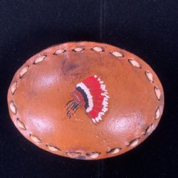 Vintage Leather Belt Buckle Native American Indian War Bonnet Feather Headdress