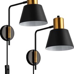 Lighting Modern Swing Arm Wall Sconce Plug in Set of 2, Rotatable Black Wall Lights with On/Off Cord for Bedroom, Living Room