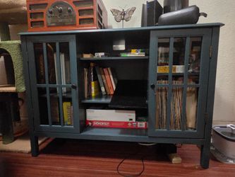 Teal Wood Media Console Cabinet with Glass Doors