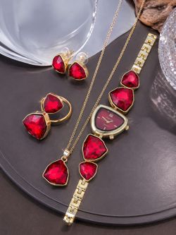Women’s Red Crystal Jewelry Gift Set with Watch, Necklace, Earrings & Ring
