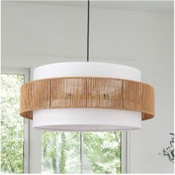 Brand New In The Box- Large Rattan Fabric Chandeliers, 22.4in Woven Boho Pendant Light with Shade, Rope Hanging Ceiling Lights, Wicker Lighting Fixtur