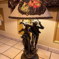 Antique France Spelter ( Calamina Statue Lamp With Shade Stamped 
