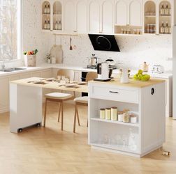 White / Natural Wood Kitchen Island  w/ Extendable (to 82.7") Dining Table [NEW] **Assembly Req**  <<Chairs Sold Separately>>