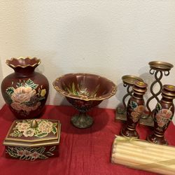 Maroon & Gold Flower Home Decor Lot - vase candle holders - Simi Valley