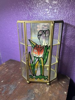 Vintage Glass Brass Mirror Curio Cabinet Display Stained Glass Tulips