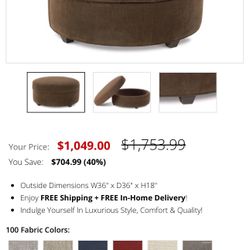 Dexter 36 Inch Round Large Fabric Upholstered Storage Ottoman  Designer Style" round storage fabric ottoman features fully removeable top and roomy up