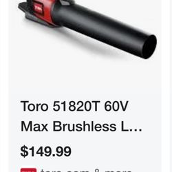 TORO 60V CORDLESS LEAF BLOWER 51820T FLEAX FORCE, TOOL ONLY, BATTERY NOT INCLUDED