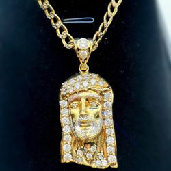 10k yellow gold Jesus Head CZ stone Charm Pendant & 10k two tone curb chain necklace 24” 4mm