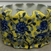 Large Antique Blue & Yellow Glazed Ceramic Ruffle Fish Bowl