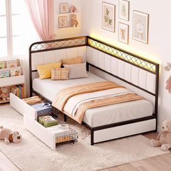 Twin Daybed with 2 Storage Drawers, Corner Bed Frame with LED and Charging Station