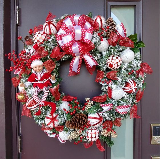 Large Professional Handmade Christmas Wreath with Porcelain Elf and Lights