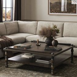 KATHY KUO HOME 🪵 LIKE BRAND NEW – Farrah French Country Dark Brown Oak Square Coffee Table 🪵