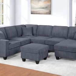 Brand New Grey Corduroy Sectional Sofa w Ottoman