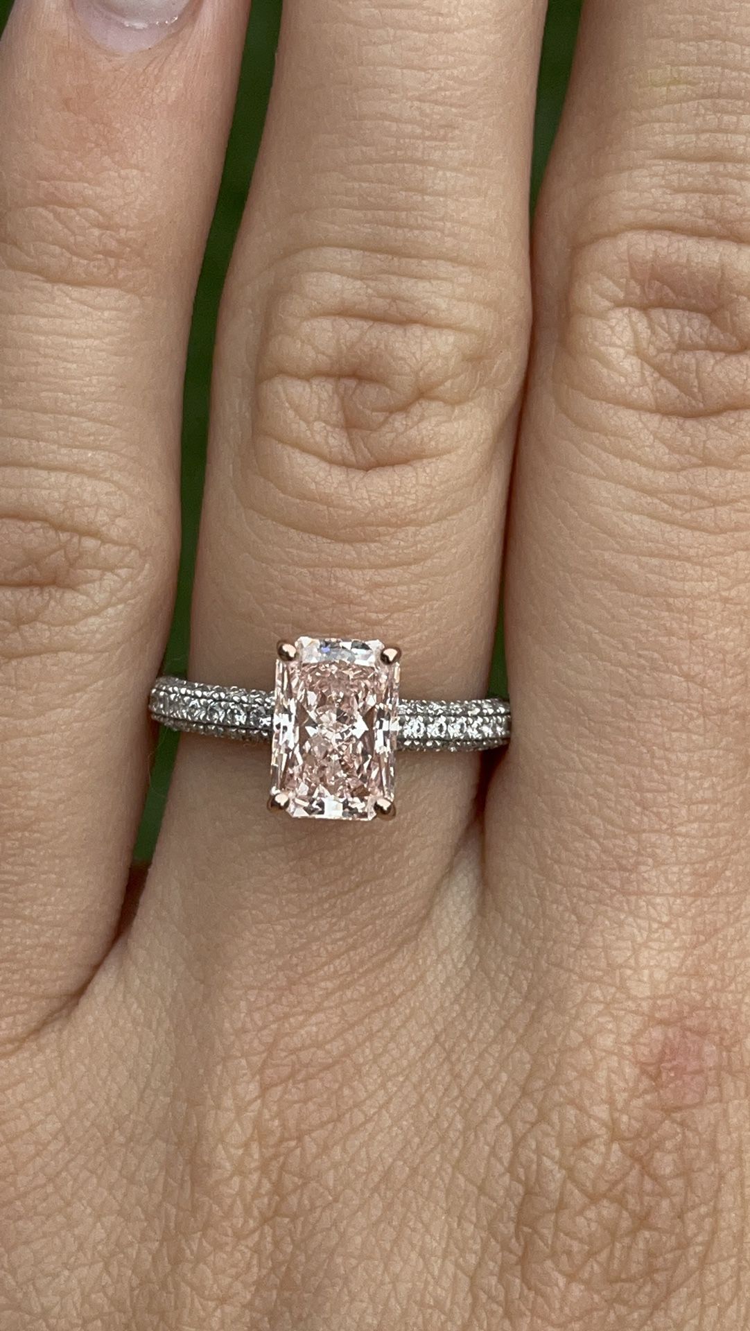 1.77 carat fancy pink radiant lab grown diamond Engagement Ring on a micropave band 14k 