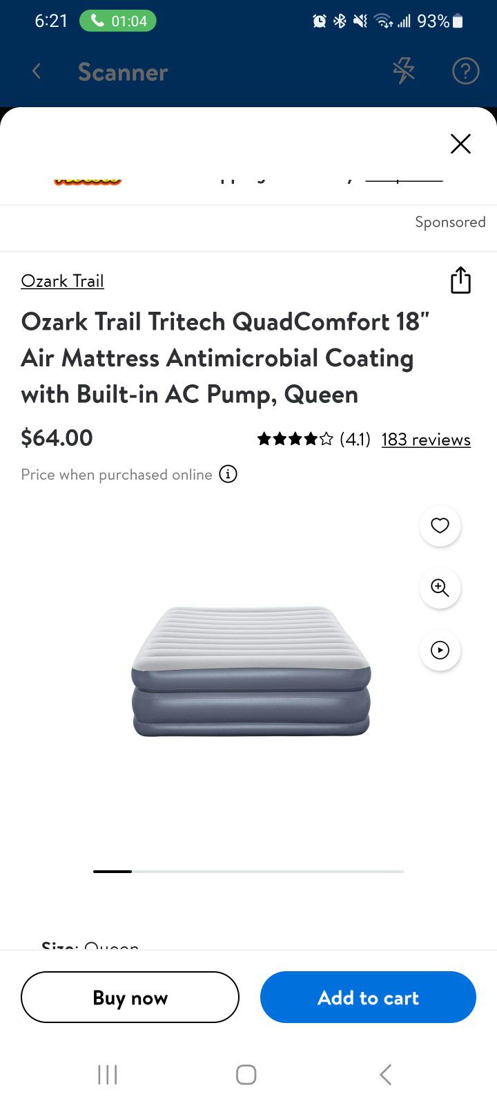 Ozark Trail Tritech QuadComfort 18 Air Mattress Antimicrobial Coating with Built-in AC Pump, Queen