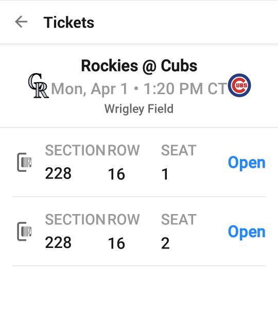 2 Cubs Tix For Opening Day April 1