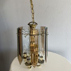 Vintage 1970s Brass and Two-Toned Beveled Glass Panel Chandelier Pendant Light