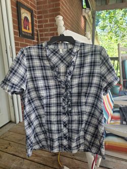 Plaid Ruffle Front Short Sleeve Blouse