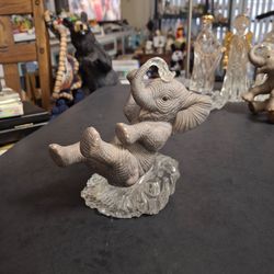 Lenox Fine Porcelain Elephant Calf Sitting On Crystal Water Spraying Himself, From Lenox Elephant Collection 5"H X 6"L Mint Condition