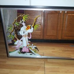Vintage Antique Mirror With Giesha Girl On It