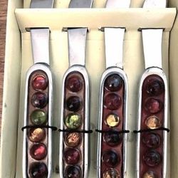 Set of 4 Stainless & Glass Beads Insets Canape Knife Set