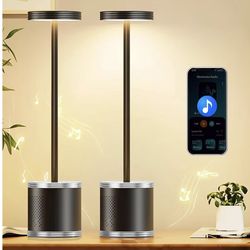 Black LED Cordless Table Lamp Set of 2, Rechargeable Wireless Lamps with Speaker, 3 Color Dimming Desk Lamp for Bedside, Room, Office, Restaurant, Bar