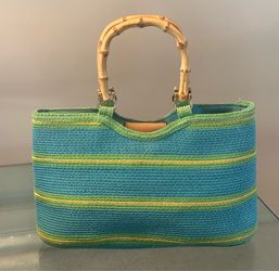 Vibrant Blue Green Yellow Striped Thick Woven Fabric Purse Bag Handbag Natural Bamboo Handles Gold Hardware