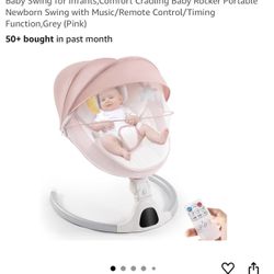 Baby Swing for Infants,Comfort Cradling Baby Rocker Portable Newborn Swing with Music/Remote Control/Timing Function,Grey (Pink)