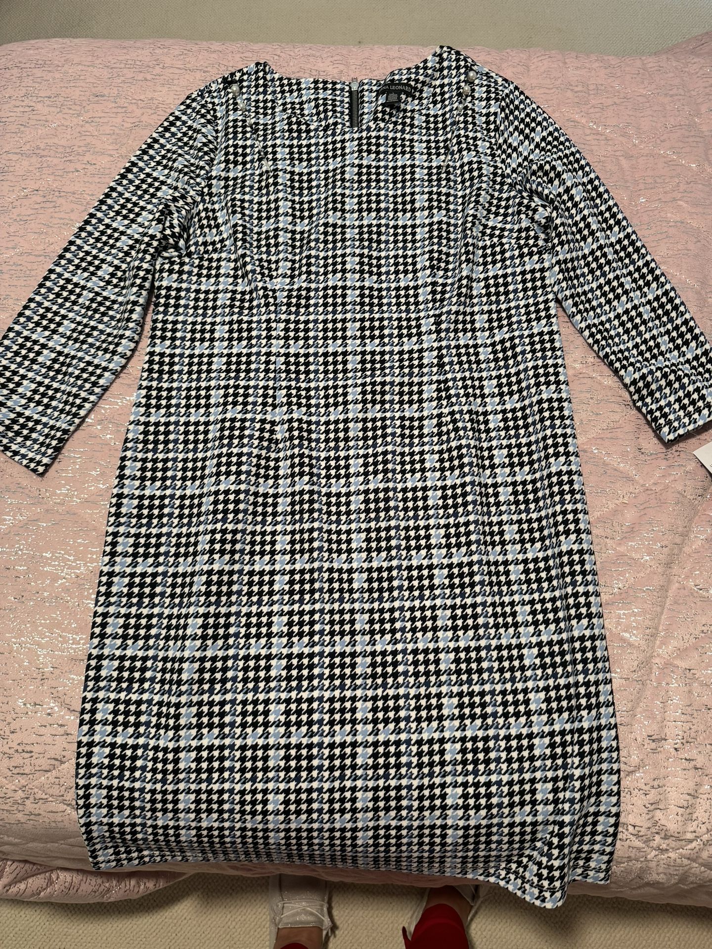 Nwt Womens Large Nina Leonard White Blue Black Plaid Dress