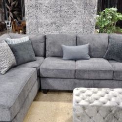2 Pc Gray Fabric Sectional With Accent Pillows (New)