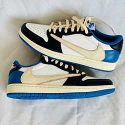 Travis Scott x Fragment Design x Jordan Air Jordan 1 Low OG SP Barb 2.0 Tripartite Co-branded Lightning Low Top Basketball Shoes Unisex White Blue