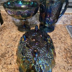 Vintage Iridescent Blue Carnival Glass Pitcher & Bowls
