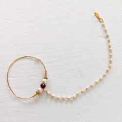 Bollywood Indian Kundan Nose Ring (Nath) with Chain, Clip-on - Gold/Red