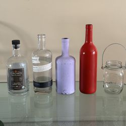 4 Empty Thick Glass Bottles And 1 Mason Hanging Jar Candleholder Vase